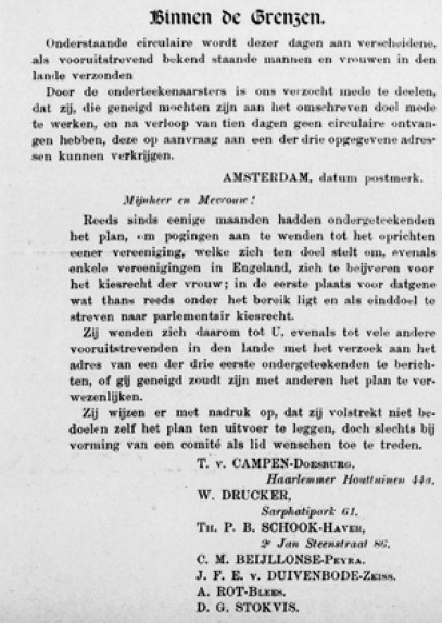 Oproep tot oprichting van een vereniging voor vrouwenkiesrecht in Evolutie, 3 mei 1893 (collectie Atria)